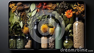 Frosted and clear biodegradable bottles and jars are surrounded by plant materials such as grass, seeds, flowers and leaves. Stock Photo