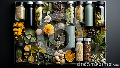 Frosted and clear biodegradable bottles and jars are surrounded by plant materials such as grass, seeds, flowers and leaves. Stock Photo