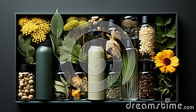Frosted and clear biodegradable bottles and jars are surrounded by plant materials such as grass, seeds, flowers and leaves. Stock Photo