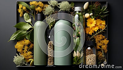 Frosted and clear biodegradable bottles and jars are surrounded by plant materials such as grass, seeds, flowers and leaves. Stock Photo