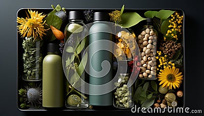 Frosted and clear biodegradable bottles and jars are surrounded by plant materials such as grass, seeds, flowers and leaves. Stock Photo
