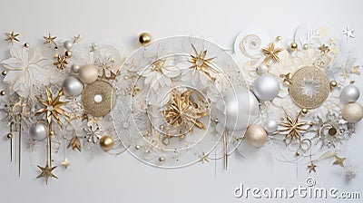 Frosted fir tree twigs and Christmas decorative bauble balls, spruce twig, balls, flowers, snowflakes, stars on a white Stock Photo