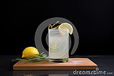 frosted glass filled with lemonade, lemon slice on rim Stock Photo