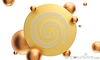 Frosted gold circle, surrounded with copper spheres at zero gravity. Stock Photo