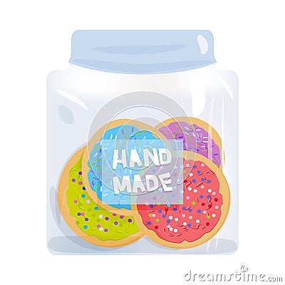 Frosted sugar cookies, Italian Freshly baked biscuit in jar with pink violet blue green frosting and colorful sprinkles isolated o Vector Illustration