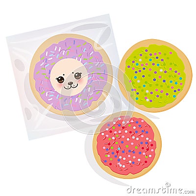 Frosted sugar cookies, Set Italian Freshly baked biscuit in transparent plastic package with pink violet green frosting and colorf Vector Illustration