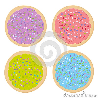 Frosted sugar cookies, Set Italian Freshly baked cookies with pink violet blue green frosting and colorful sprinkles. Bright color Vector Illustration