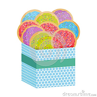 Frosted sugar cookies, Set Italian Freshly baked sugar cookies with pink green violet blue frosting and colorful sprinkles. Presen Vector Illustration