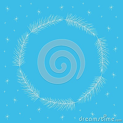 Frosted white spruce fir tree twig and stars sparkles round frame. Winter festive Christmas design. Hand drawn doodle Vector Illustration