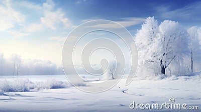 Frosted white tree on frosty winter day against blue sky with gentle fluffy clouds. Snow-covered fields. Atmosphere of calm Stock Photo