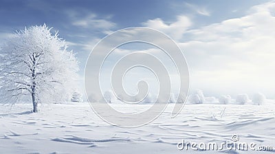 Frosted white tree on frosty winter day against blue sky with gentle fluffy clouds. Snow-covered fields. Atmosphere of calm Stock Photo