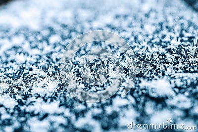 Frosting macro. Cold snow winter background. Blue crystal frozen abstract pattern. White frost ice texture. Stock Photo
