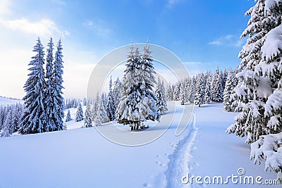 On a frosty beautiful day among high mountains are magical trees covered with white fluffy snow. Stock Photo