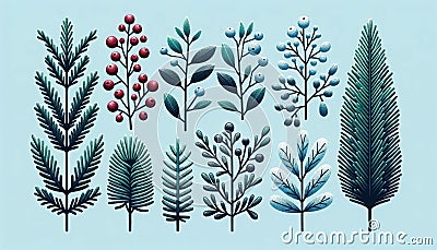 Frosty Christmas Twigs Collection on Blue Background AI Generated Cartoon Illustration