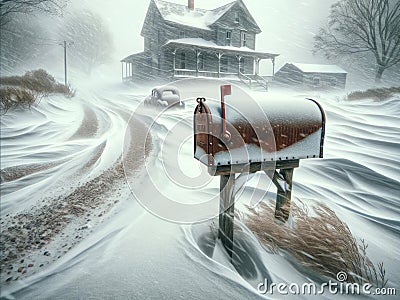 A Frosty Country Scene with a Rusty Mailbox in Winter Old Homestead House Property AI Generated Stock Photo