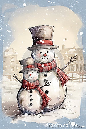 Frosty Family Fun: A Playful Portrait of Snowmen in Hats and Sca Stock Photo