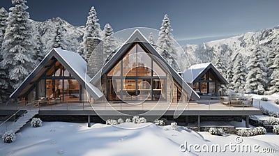 Frosty Frames. Modern Chalet In Winter With Snow Covered Trees On Background. Generative AI Stock Photo