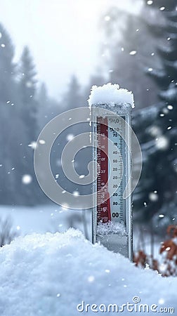 Frosty gauge Outdoor weather thermometer amid falling snow, copy space Stock Photo
