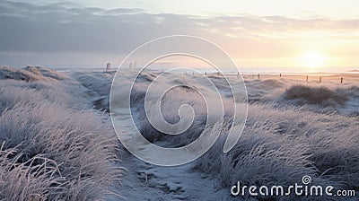 Frosty Grasses And Road: Luminist Landscapes In 8k Resolution Stock Photo