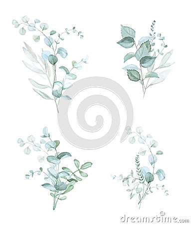 Frosty green hand painted watercolor bouquets. Isolated. Greenery clipart. Stock Photo