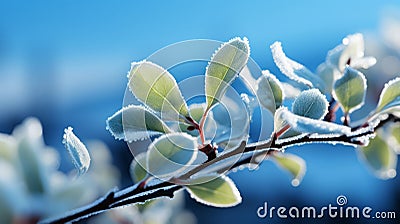 A frosty green leaf with a few small leaves. Generative AI. Stock Photo