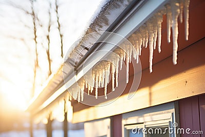frosty icicles backlit by morning sun on a roof Stock Photo