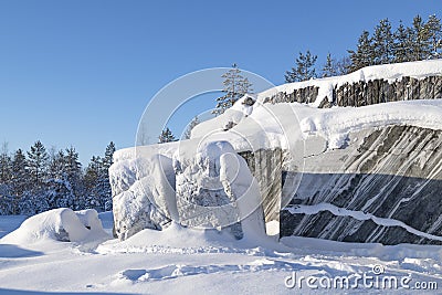 Frosty January day in the ancient marble Italian quarry. Ruskeala Mountain Park. Karelia Stock Photo