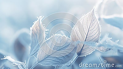 Frosty leaves on a field with blue sky, AI Stock Photo