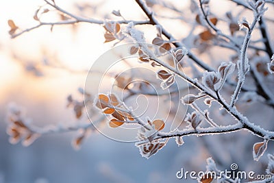 frosty leaves on a tree branch at sunset Stock Photo