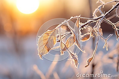 frosty leaves on a tree branch at sunset Stock Photo