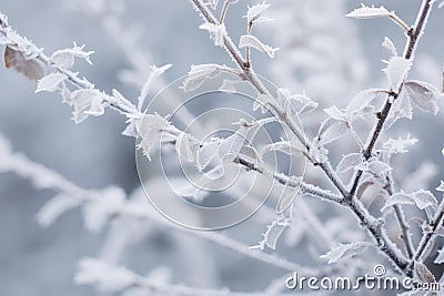 frosty leaves on a tree branch in winter Stock Photo