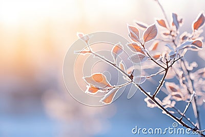 frosty leaves on a tree in the winter sun Stock Photo