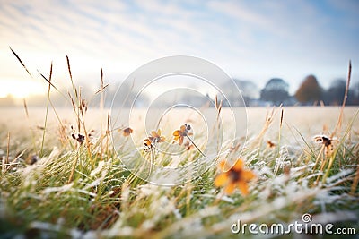 frosty meadow beneath billowy clouds Stock Photo