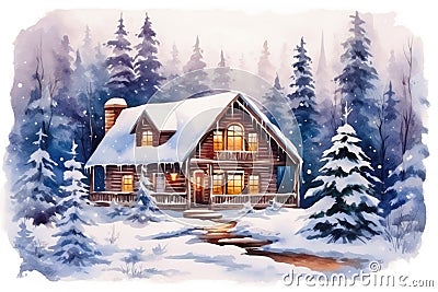 Frosty Morning at the Cozy Cabin. Stock Photo