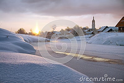 Frosty Morning and Russian church Stock Photo