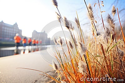 frosty reeds on canal edge with skaters beyond Stock Photo