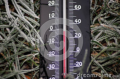 Frosty temperatures thermometers below zero Stock Photo