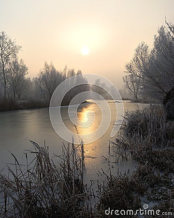 Frosty trees and backwater reflection in sunset time Stock Photo