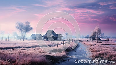 Frosty Village Landscape: Japanese-inspired Farm House In Winter Stock Photo