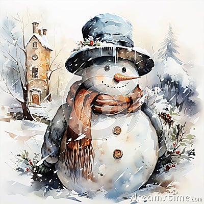 Frosty Whimsy - Watercolor Snowman Delight Stock Photo