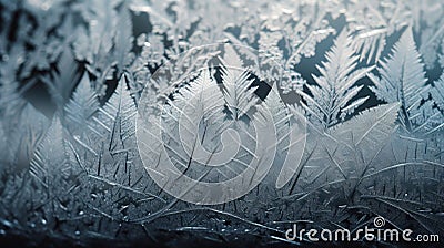 a frosty window with a bunch of plants in the window sill and a blurry image of leaves in the window behind it Stock Photo