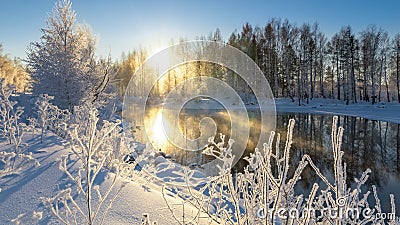 Frosty winter morning landscape with mist and forest river, Russia, Ural Stock Photo
