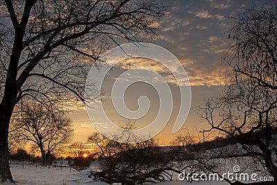 Frosty winter in Russia. Beautiful sunrise in Siberia. Stock Photo