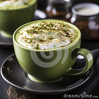 Frothy Matcha latte with coconut milk Stock Photo