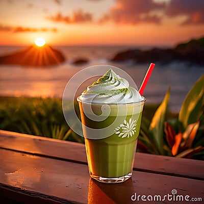a frothy matcha latte with a stunning sunrise in the background. Stock Photo