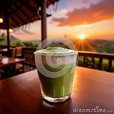 a frothy matcha latte with a stunning sunrise in the background. Stock Photo