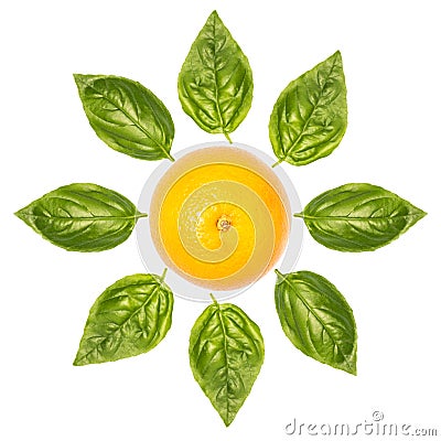 Frower made of orange and basil leaves Stock Photo