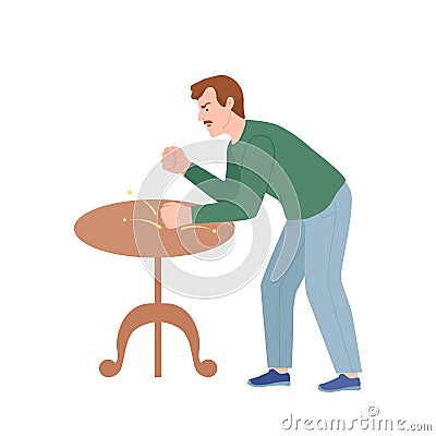 Frowning Man Quarrelling and Arguing with Someone Shouting and Banging the Table with Fist Vector Illustration Vector Illustration