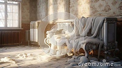 Frozen Aesthetics: The Icy Resemblance of White Cloth on a Vintage Radiator Stock Photo