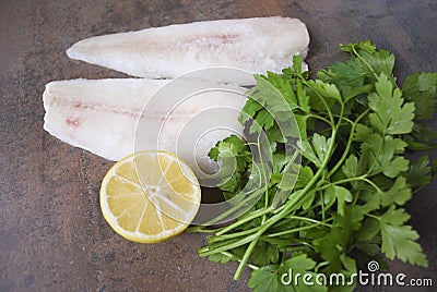 Frozen Alaska Pollock fillet with lemon and parsley. Stock Photo